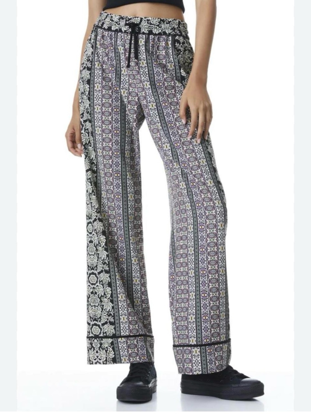 Alice and Olivia Art Deco Wide Leg Pants High Rise Drawstring Black Purple XS